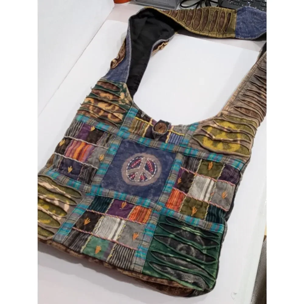 Rising International Sling Hobo Bag Boho Hippie Patchwork Peace Sign Razor Cut